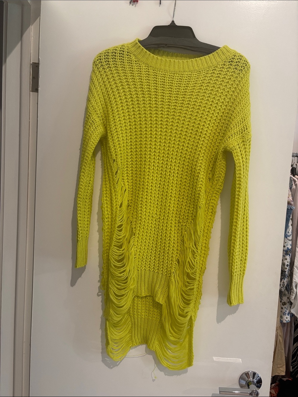 Fashion Nova Neon Yellow Distressed Open-Knit Sweater